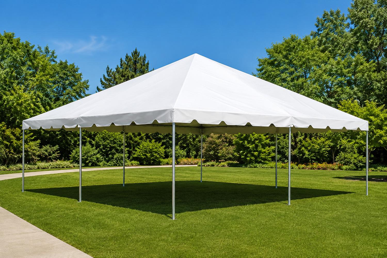 20x20 white frame party tent rental in Winnipeg Manitoba for weddings markets corporate events and outdoor parties