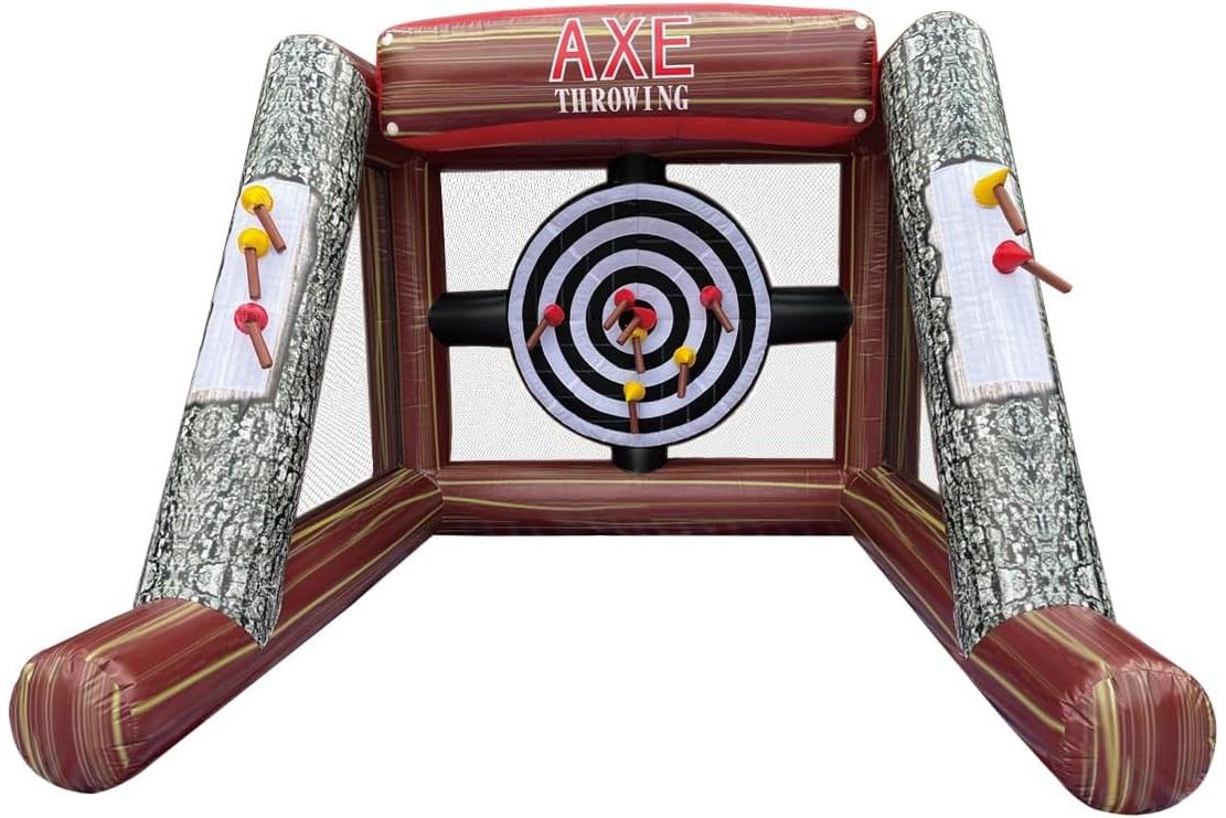 Close-up of soft inflatable axes on the target for inflatable axe throwing game rental in Winnipeg Manitoba
