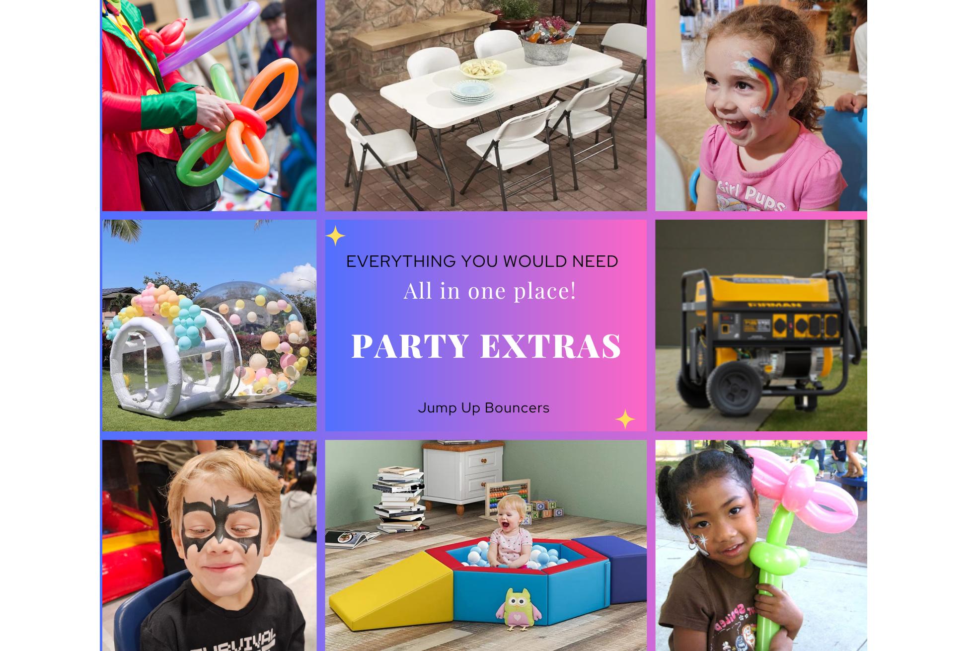 Party extras rentals in Winnipeg Manitoba including glitter tattoos face painting balloon twisting movie night rentals tables chairs generators and event add-ons