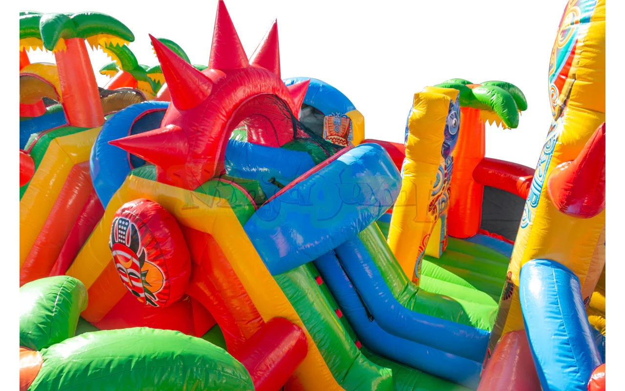 Large Tiki Island inflatable playground setup for community events in Manitoba