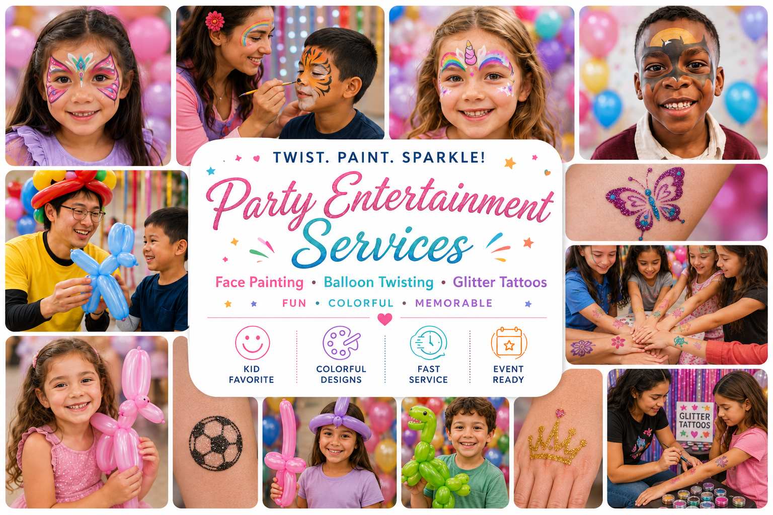 Face painting, balloon twisting and glitter tattoo party entertainment services in Winnipeg Manitoba