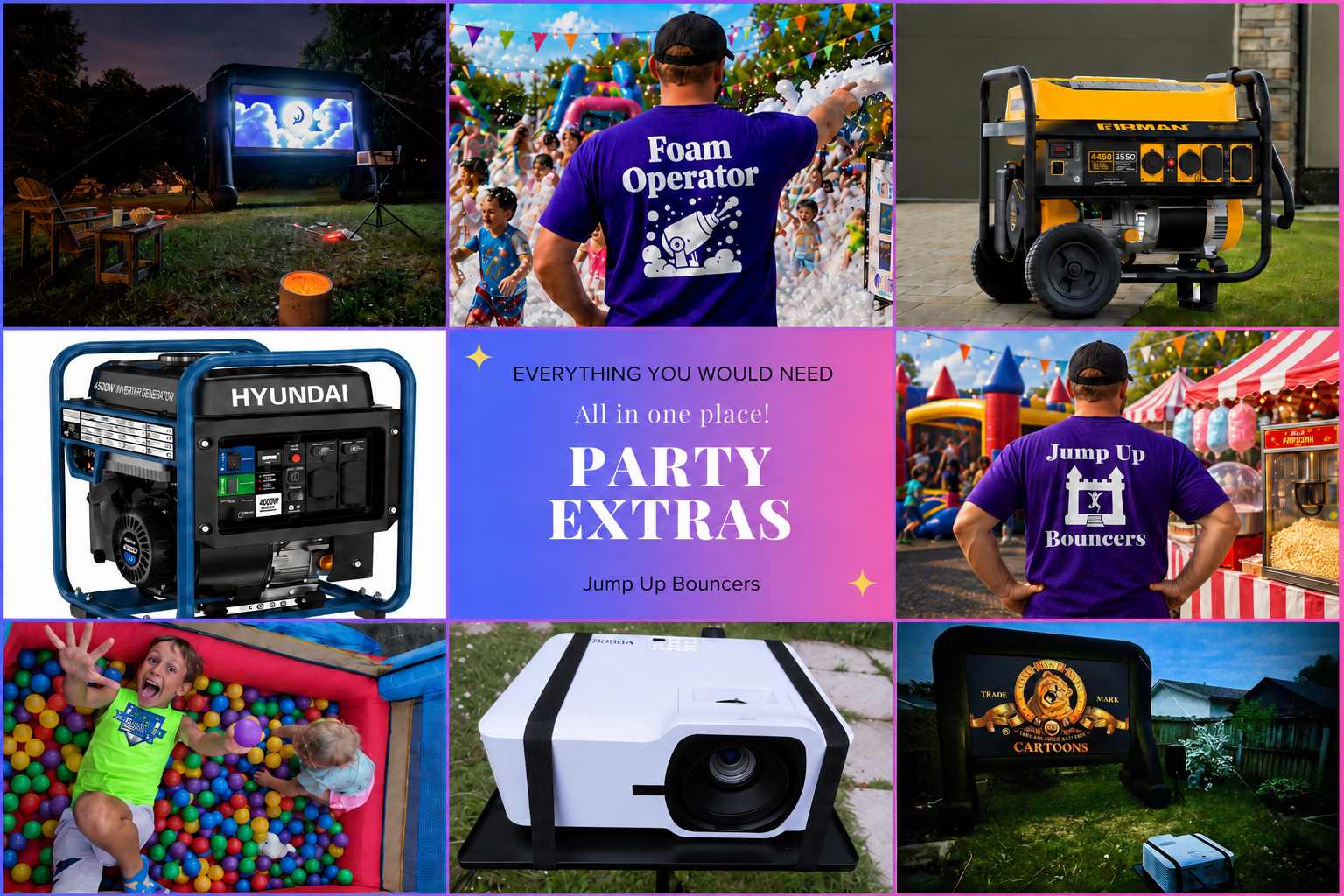 Party extras rentals in Winnipeg Manitoba including outdoor movie equipment, generators and event operators