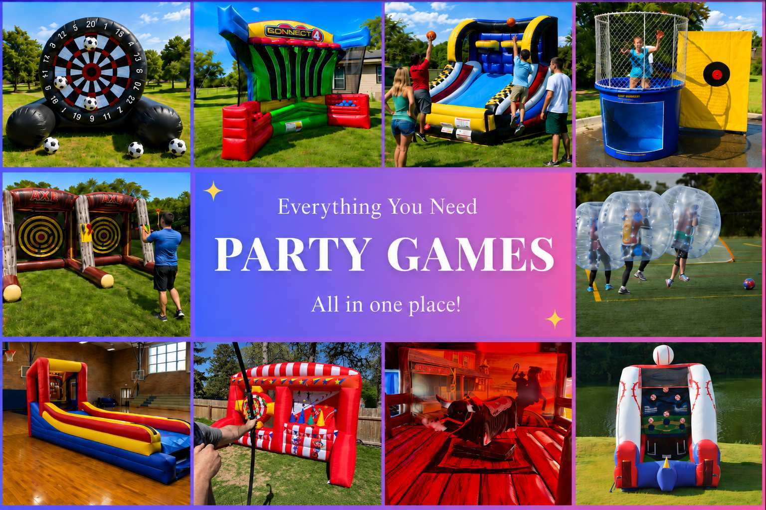 Party game rentals in Winnipeg Manitoba including mechanical bull, dunk tank, bubble soccer and inflatable games