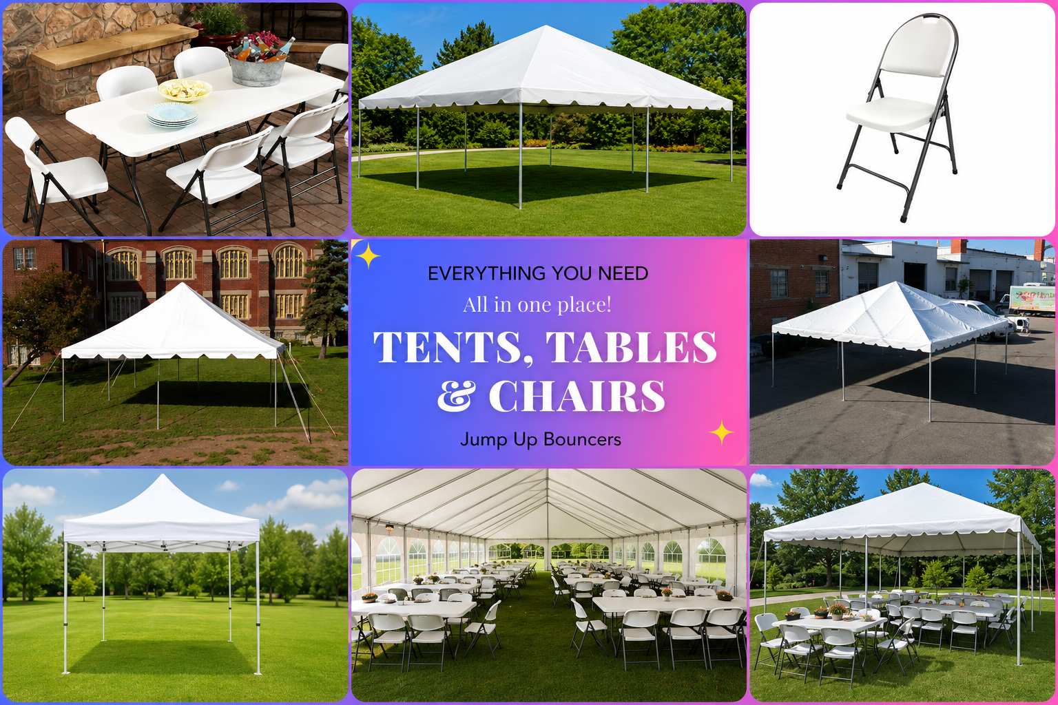 White party tents, folding tables and chairs for rent in Winnipeg Manitoba