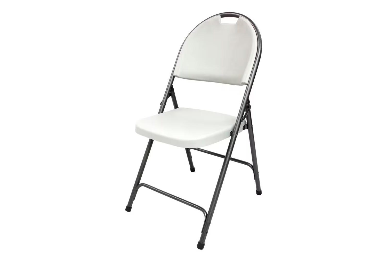 White plastic folding chair with black steel frame available for rent in Winnipeg Manitoba